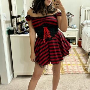Pirate Costume Mini Dress XS Striped Red Black Tie Bow Satin Tulle Corset Frilly